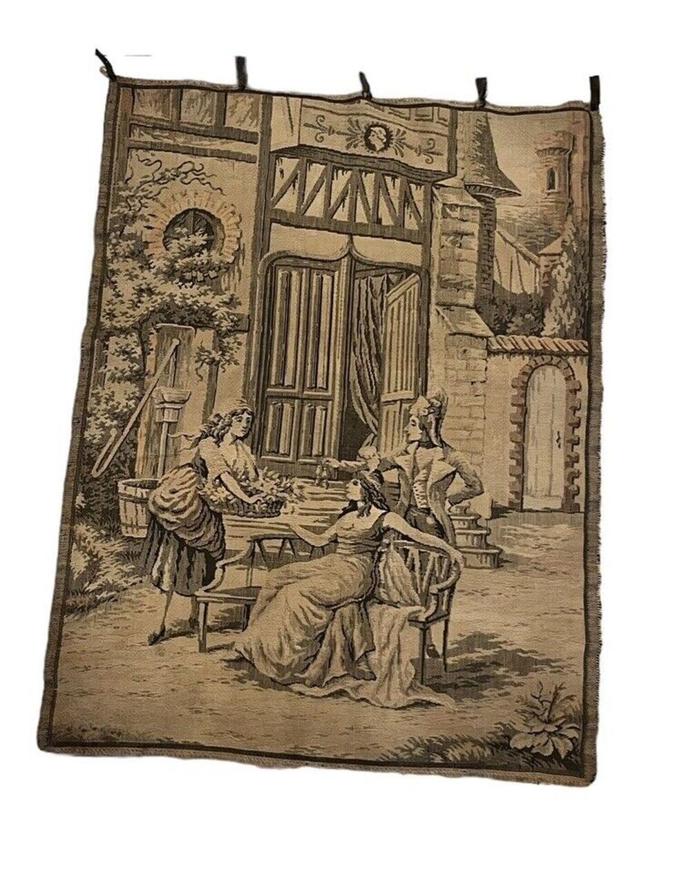 Vintage French wall tapestry wall hanging Loops Ladies Chateau 25x19” Victorian